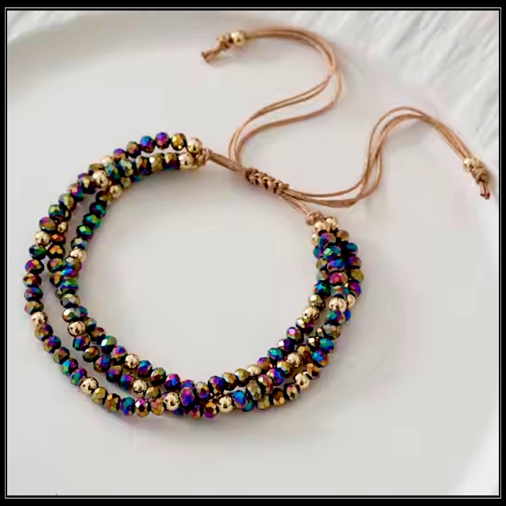 Clearance! NEW PRISM RAINBOW GOLD BOREALIS METALLIC TIE ROPE BOHO BEAD BRACELET